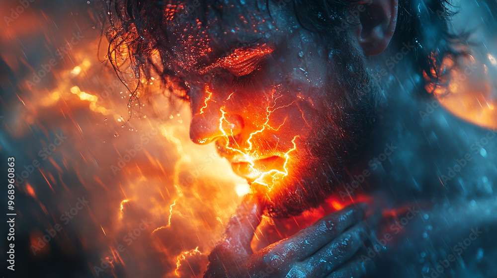 A dramatic close-up of a man with fiery effects, showcasing emotion and intensity through light and shadow interplay. A dramatic close-up of a man with fiery effects, showcasing emotion and intensity through light and shadow interplay.