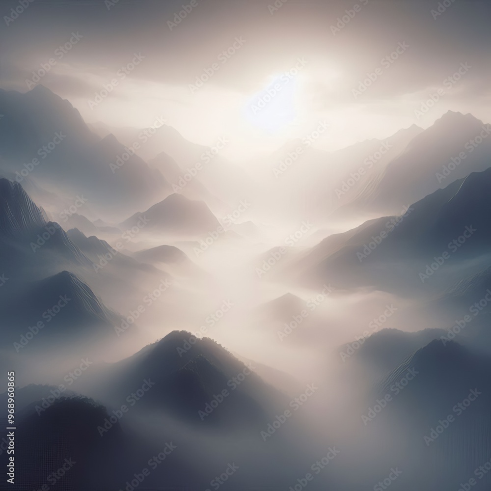 Soft morning light gently illuminates misty mountain ridges, creating a serene and calming atmosphere. The mist rolls over the mountains, adding depth and mystery to this tranquil and peaceful Soft morning light gently illuminates misty mountain ridges, creating a serene and calming atmosphere. The mist rolls over the mountains, adding depth and mystery to this tranquil and peaceful