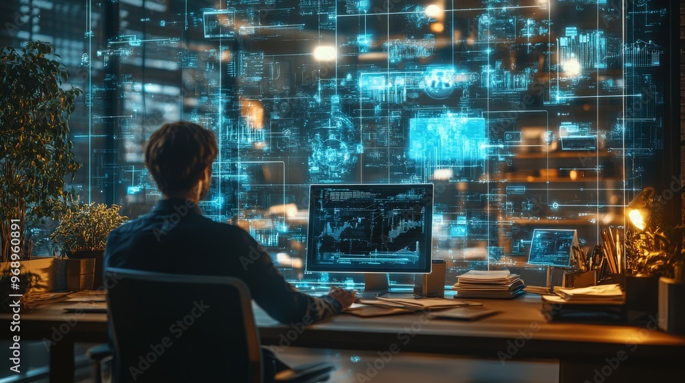 AI-enhanced virtual office spaces with interactive holographic displays: Offices where employees use holograms to interact with documents, schedules, and meetings. AI-enhanced virtual office spaces with interactive holographic displays: Offices where employees use holograms to interact with documents, schedules, and meetings.