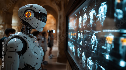 A futuristic robot observes digital displays in a museum, showcasing advanced technology and interactive design.