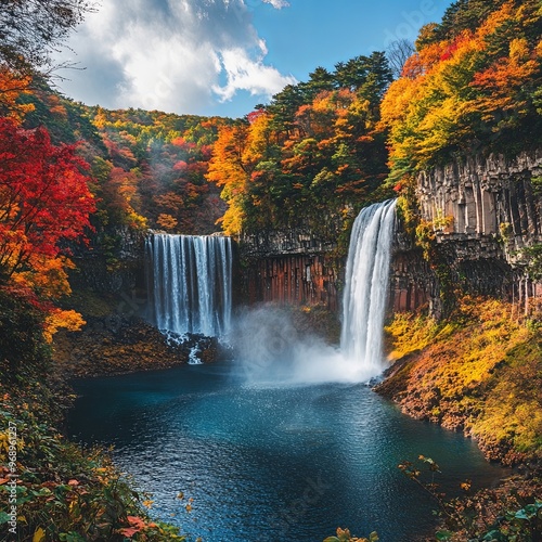 Landscape View Of Beautiful Waterfall (Hottai Falls, Hottai-No-Taki) With Colorful Autumn Leaves At Yurihonjo, Akita, Tohoku, Japan