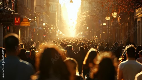 A large crowd of people walking down a busy city street at sunset.