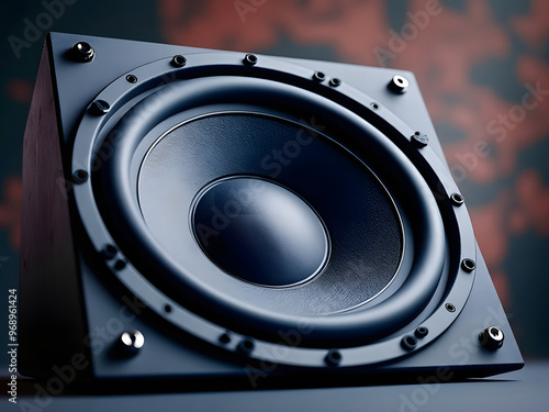 Red Background Angled Audio loudspeaker box auditorium speaker subwoofer on the grass football field stadium lighting white painted lines music audio component 