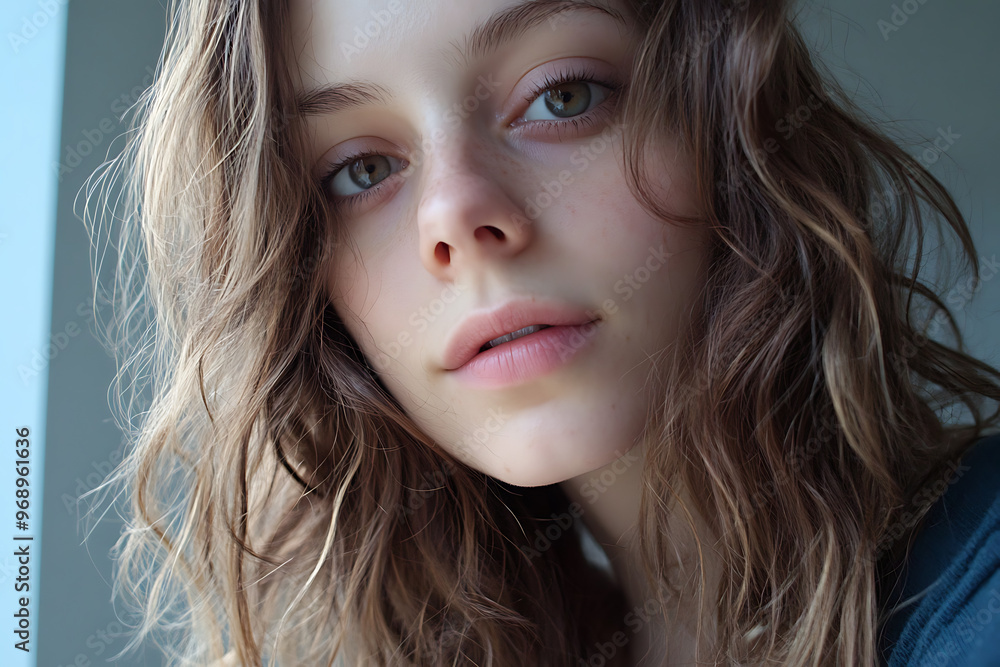 Naklejka premium Unfiltered Selfie: An honest selfie with minimal makeup, messy hair, and natural lighting, highlighting the beauty of being authentic and 