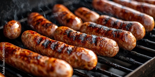 Grilled German Sausages on Barbecue Grill