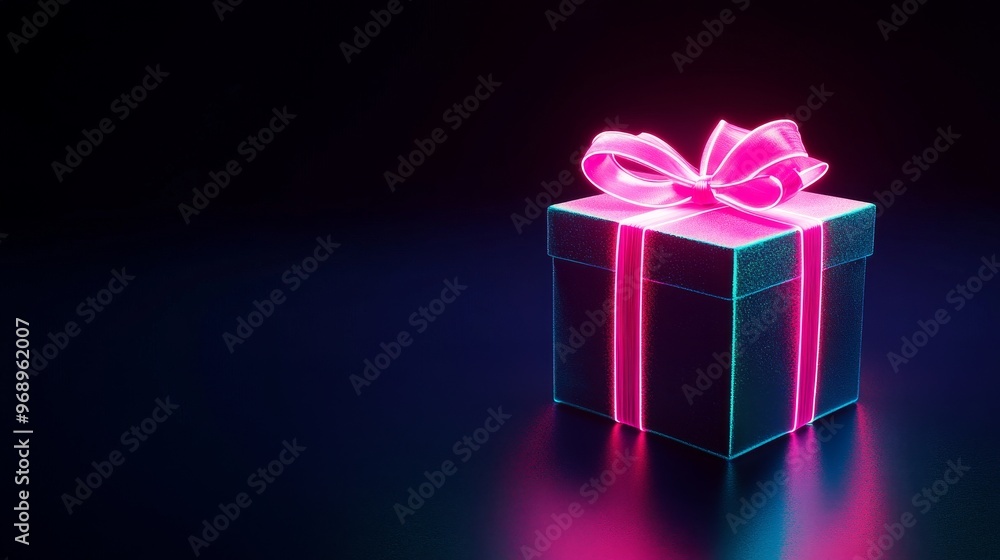 Neon gift box with pink ribbon on Neon gift box with pink ribbon on