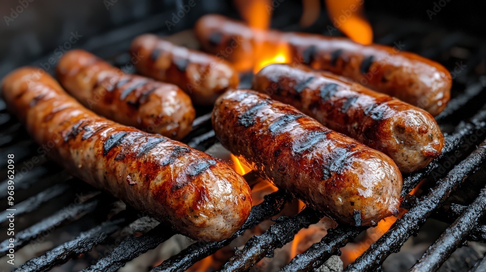 Grilled German Sausages on Barbecue Grill Grilled German Sausages on Barbecue Grill
