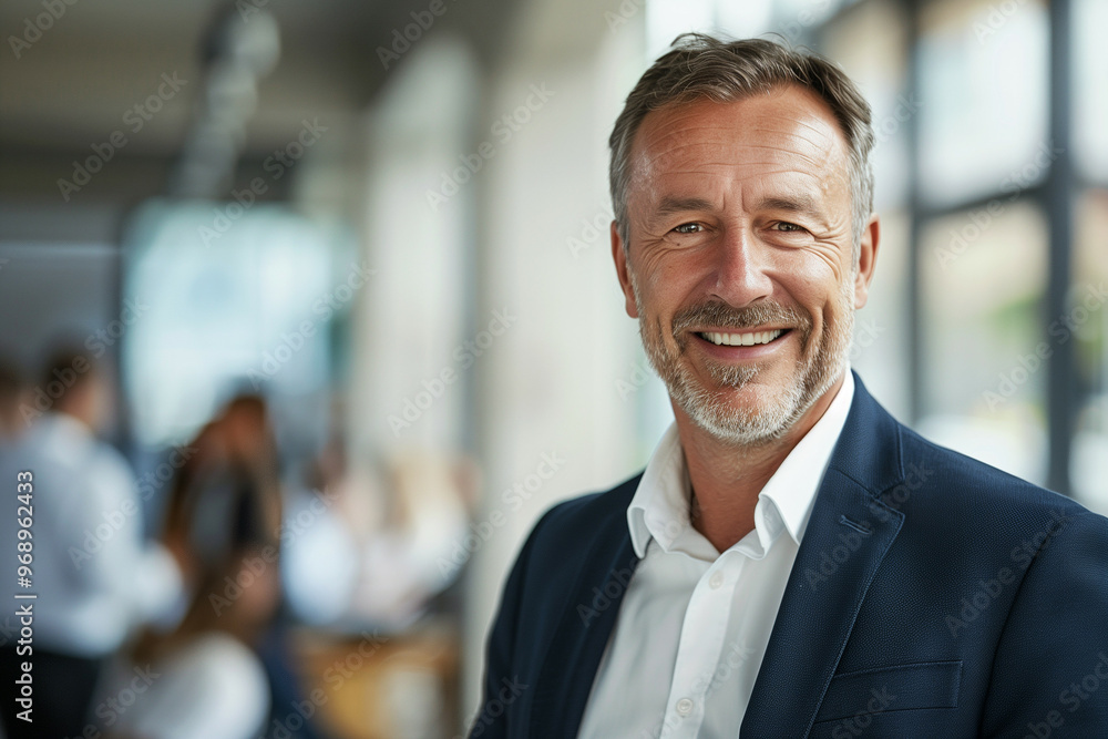 A confident middle-aged businessman with a friendly smile, standing in a modern office setting, exuding professionalism and experience in a corporate environment A confident middle-aged businessman with a friendly smile, standing in a modern office setting, exuding professionalism and experience in a corporate environment