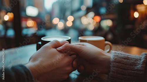 Two hands clasped together gently, with a soft focus on the background of a cozy cafÃ© setting.