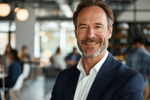 A Confident Middle-Aged Businessman in a Smart Navy Suit Smiling at the Camera in a Modern Office Cafe Setting with Blurred Background