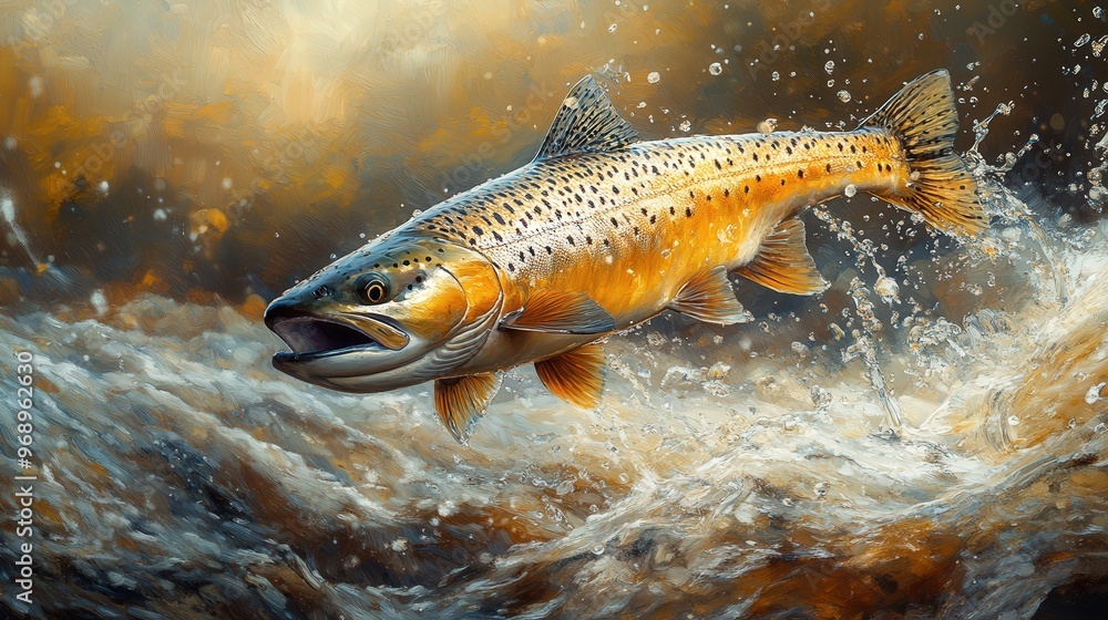 A detailed illustration of a brown trout in action, surrounded by dynamic water splashes in its natural habitat. A detailed illustration of a brown trout in action, surrounded by dynamic water splashes in its natural habitat.
