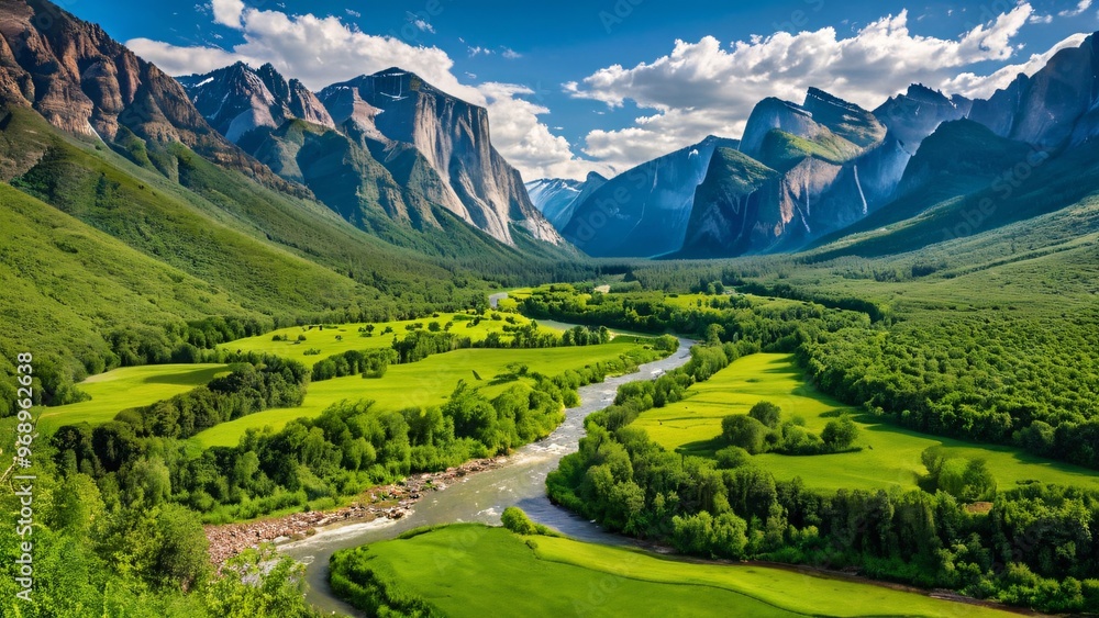 Lush Green Valley with River and Towering Mountains Lush Green Valley with River and Towering Mountains