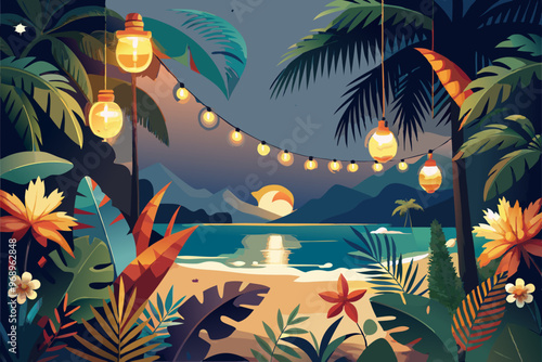 Tropical christmas on the beach at sunset with festive lights and palm trees