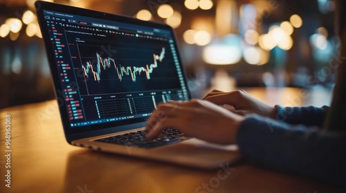 Corporate finance professional reviewing stock market graphs and projections on a modern laptop, planning business growth.