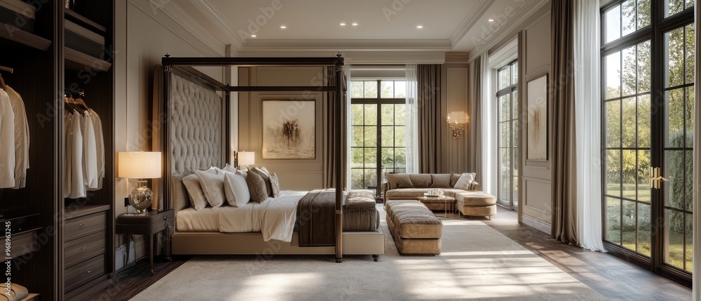 Luxurious Bedroom with Four-Poster Bed and Large Windows Luxurious Bedroom with Four-Poster Bed and Large Windows