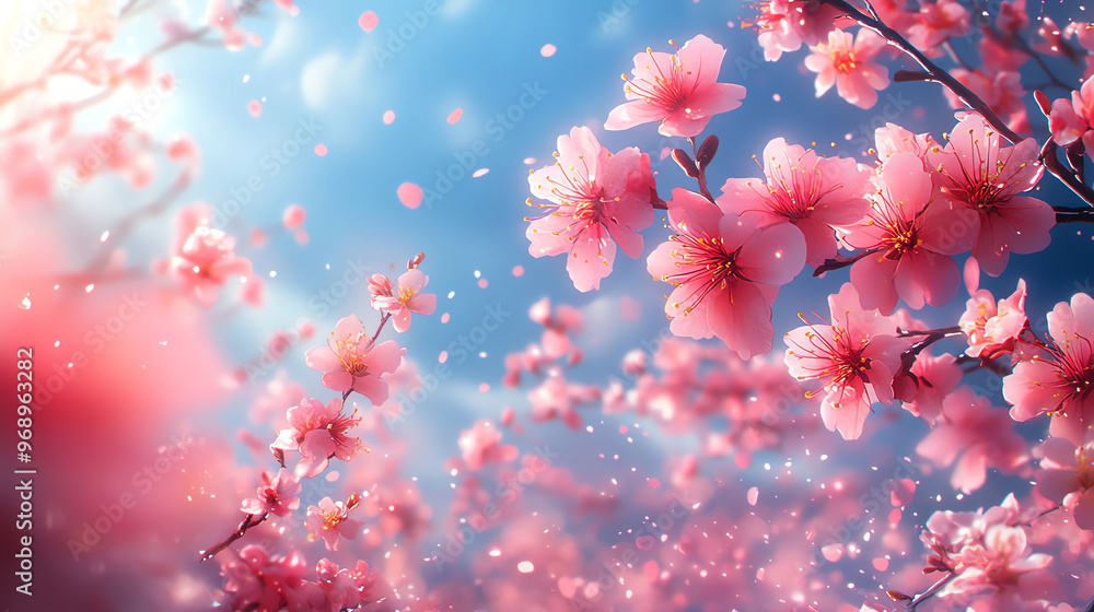 A stunning close-up of cherry blossoms in vibrant pink hues against a dreamy blue background, evoking the beauty of spring. A stunning close-up of cherry blossoms in vibrant pink hues against a dreamy blue background, evoking the beauty of spring.