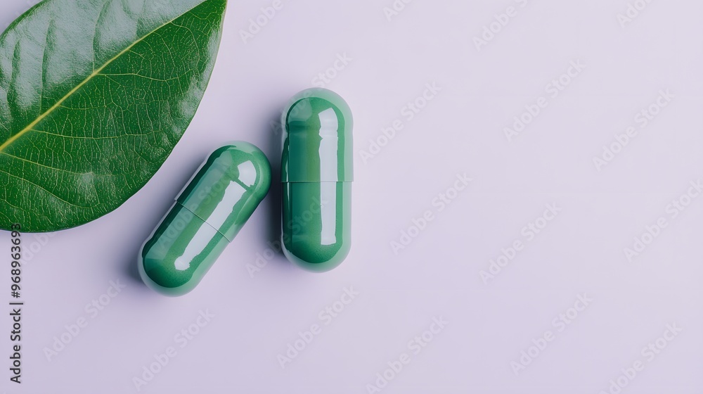 Two green pills are on a white background with a leaf Two green pills are on a white background with a leaf