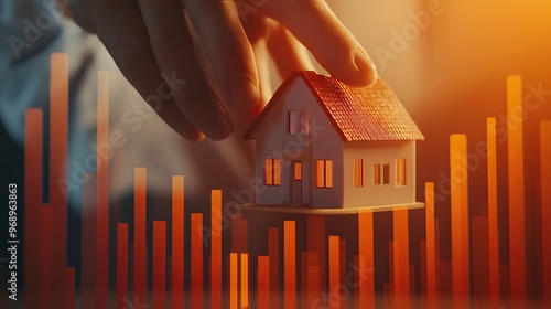 A substantial, realistic hand placing a small, finely crafted house model on a financial chart with a red, downward-sloping line, against a backdrop of abstract vertical bars in muted tones of orange photo