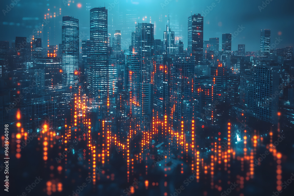 Double Exposure of Stock Market Graph and Skyscrapers: Blue-Themed Financial Illustration for Business Concepts Double Exposure of Stock Market Graph and Skyscrapers: Blue-Themed Financial Illustration for Business Concepts