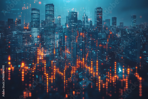 Double Exposure of Stock Market Graph and Skyscrapers: Blue-Themed Financial Illustration for Business Concepts