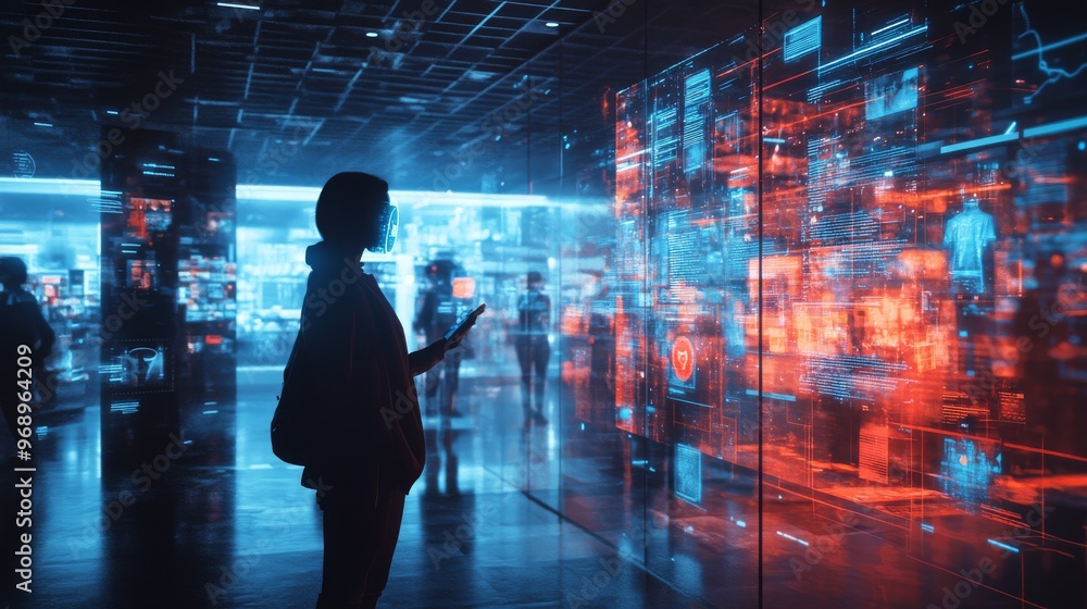 AI-enhanced virtual shopping experiences with holographic sales assistants: Customers interacting with holographic, AI-driven sales assistants in a futuristic store. AI-enhanced virtual shopping experiences with holographic sales assistants: Customers interacting with holographic, AI-driven sales assistants in a futuristic store.