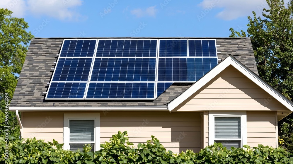 Fototapeta premium Suburban home with solar panels, green garden, eco-friendly living, sustainable energy independence, bright and clean aesthetic