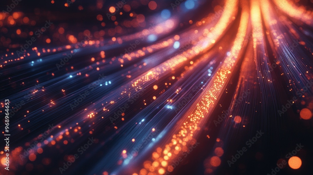 Detailed view of fiber optic cables with luminous strands, illustrating modern internet technology against a dark backdrop. Detailed view of fiber optic cables with luminous strands, illustrating modern internet technology against a dark backdrop.