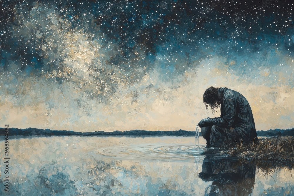Obraz premium Silhouette of person sitting by water under night sky with stars