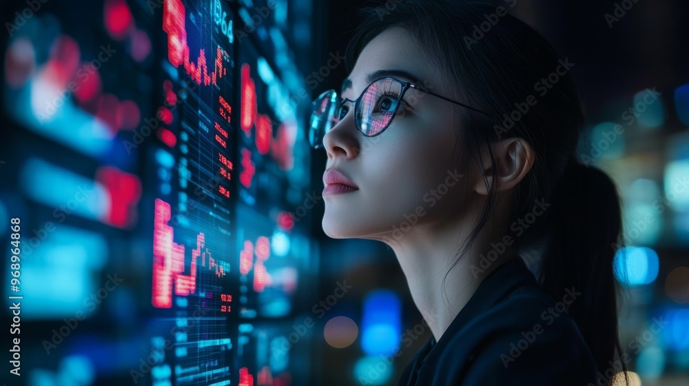 AI-enhanced virtual stock trading platforms with real-time analytics: A trader using an advanced interface that provides real-time AI-powered financial insights. AI-enhanced virtual stock trading platforms with real-time analytics: A trader using an advanced interface that provides real-time AI-powered financial insights.