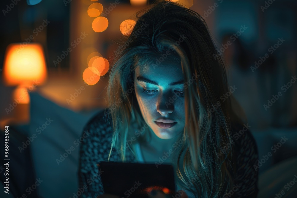Young Woman Using Smartphone at Night with Cozy and Colorful Bokeh Lights Young Woman Using Smartphone at Night with Cozy and Colorful Bokeh Lights