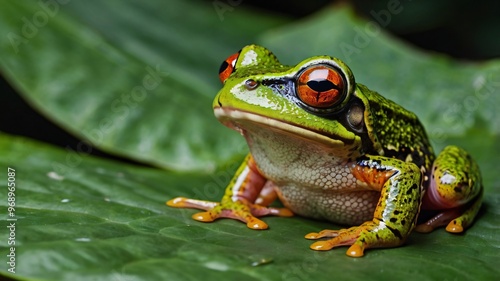 Green Tree Frog with Orange Eyes Close-up.