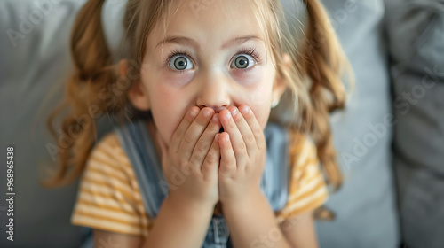 child closing his mouth with hands.  Speech therapist, speech problems, stammering, mumbling. Violence at home. 	 photo