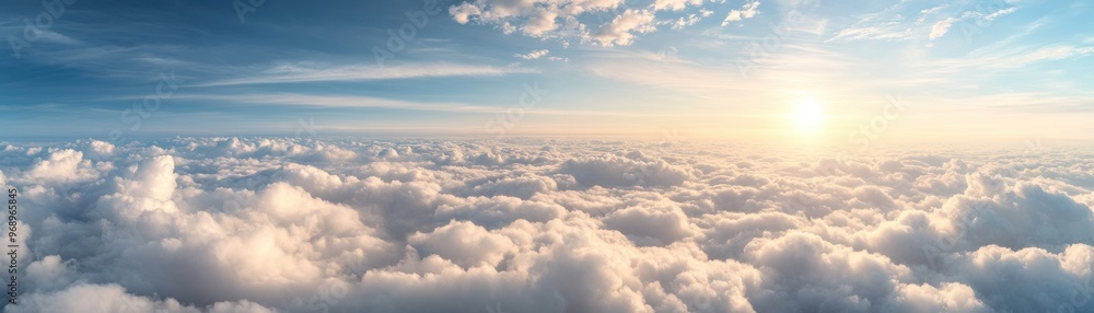 A serene view of the sky filled with soft clouds and a radiant sun illuminating the horizon, creating a tranquil atmosphere. A serene view of the sky filled with soft clouds and a radiant sun illuminating the horizon, creating a tranquil atmosphere.