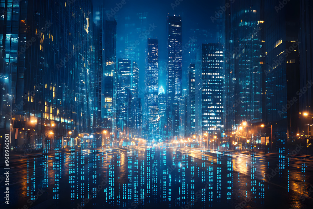 Stock Market Graph and Skyscrapers in Double Exposure: Blue-Themed Business Conceptual Illustration Stock Market Graph and Skyscrapers in Double Exposure: Blue-Themed Business Conceptual Illustration