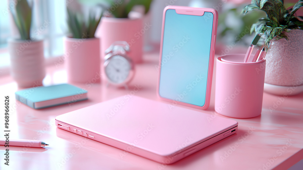 Aesthetic workspace featuring pink laptop, phone, and stylish accessories for a fresh, vibrant work environment. Aesthetic workspace featuring pink laptop, phone, and stylish accessories for a fresh, vibrant work environment.