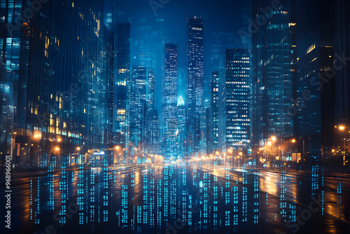 Wallpaper Mural Stock Market Graph and Skyscrapers in Double Exposure: Blue-Themed Business Conceptual Illustration Torontodigital.ca