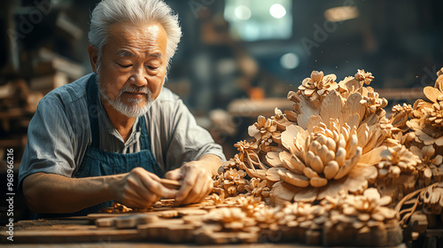 An elderly craftsman skillfully shaping intricate wooden flowers in a warm, inviting workshop filled with natural light.