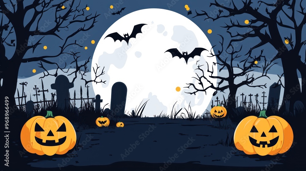 Fototapeta premium Halloween Night in a Graveyard with Jack-o'-Lanterns and Bats