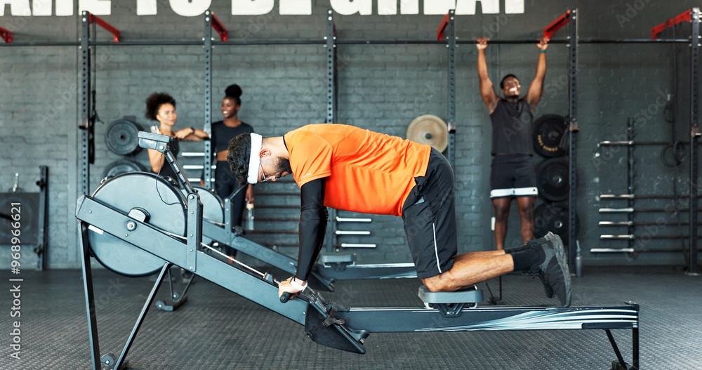 Fla. Man Rowing Machine Man, rowing machine and gym with workout for abs, fitness or training ...
