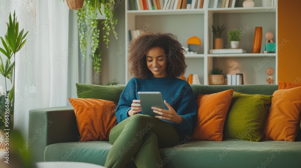 The Woman Using Tablet Comfortably The Woman Using Tablet Comfortably
