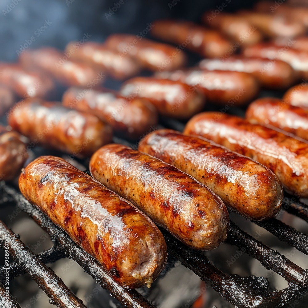Grilled German Sausages on Barbecue Grill Grilled German Sausages on Barbecue Grill