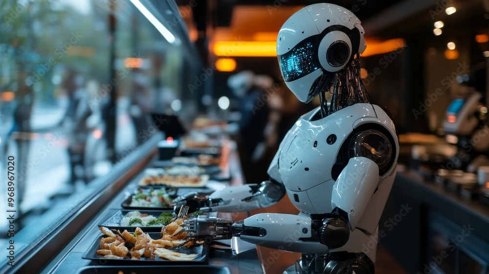 Futuristic AI-operated restaurant with robotic chefs preparing and serving meals Futuristic AI-operated restaurant with robotic chefs preparing and serving meals