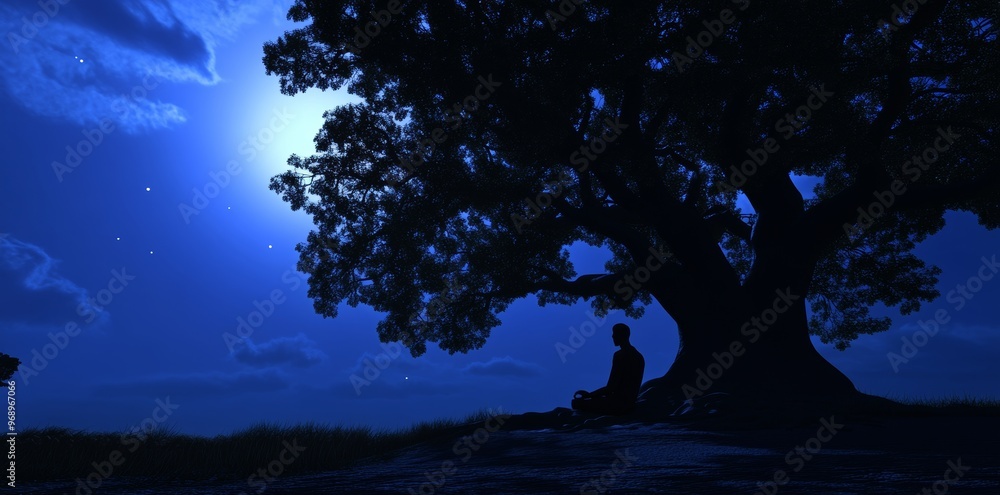 Stock meditates under a celestial tree amid a celestial landscape Stock meditates under a celestial tree amid a celestial landscape