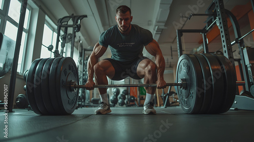 A determined athlete performing heavy squats in the gym pushing through the last rep.