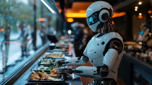 Futuristic AI-operated restaurant with robotic chefs preparing and serving meals