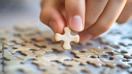 A determined student completing a complex puzzle placing the final piece with satisfaction. photo