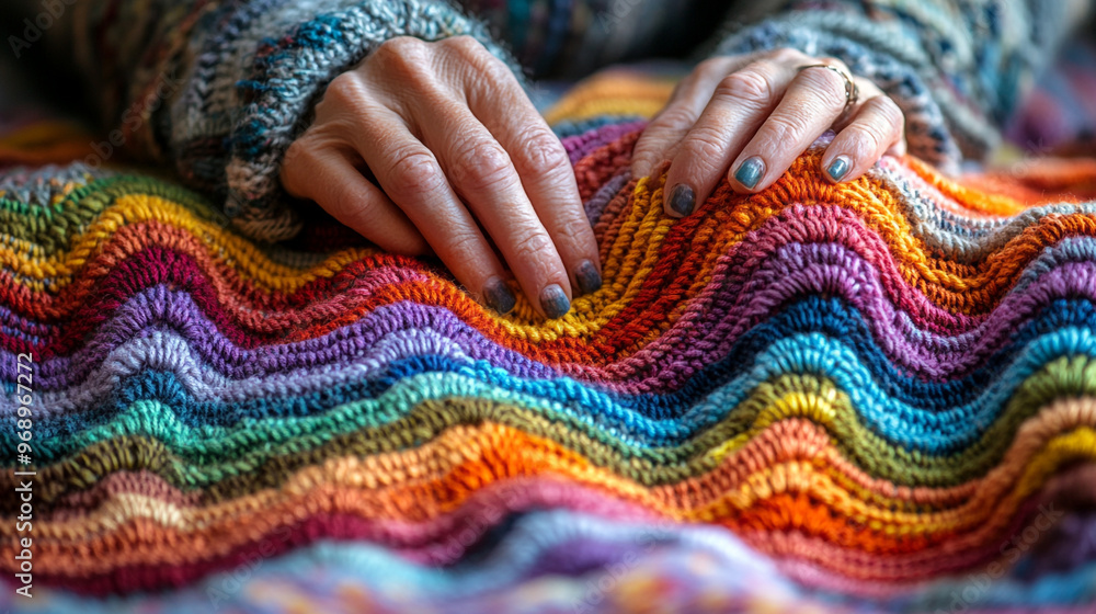 Close-up view of hands knitting a colorful wave-patterned blanket, showcasing vibrant hues and intricate details in the craft. Close-up view of hands knitting a colorful wave-patterned blanket, showcasing vibrant hues and intricate details in the craft.