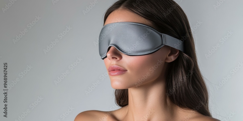 Woman with long hair wearing a grey sleep mask. Woman with long hair wearing a grey sleep mask.