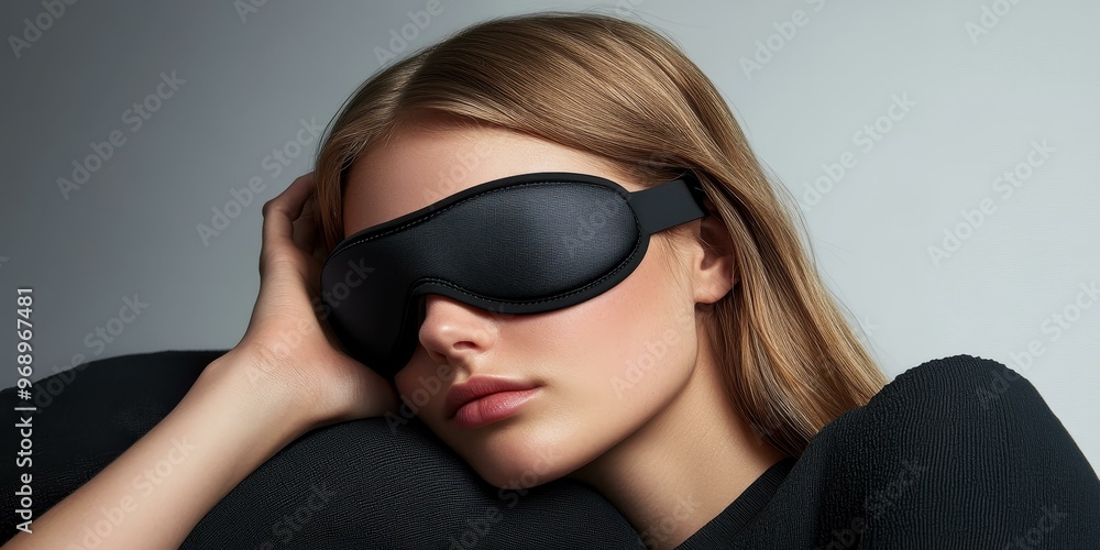 Woman wearing black sleep mask and black sweater. Woman wearing black sleep mask and black sweater.