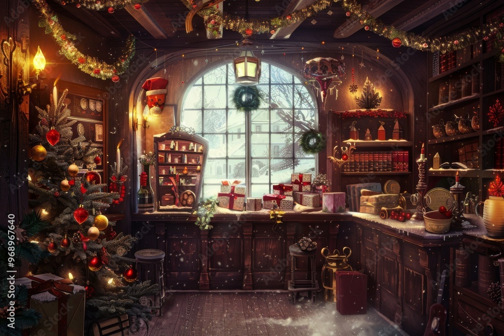 Enchanting illustration of an old magic shop filled with Christmas decorations and gifts. Cozy christmas scene with decorations, a warming fireplace and a christmas tree, Happy seasons greetings Enchanting illustration of an old magic shop filled with Christmas decorations and gifts. Cozy christmas scene with decorations, a warming fireplace and a christmas tree, Happy seasons greetings